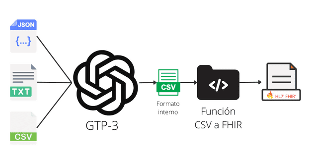 Input => OpenAI => CSV Interno => Función que transforma a FHIR => Recurso FHIR