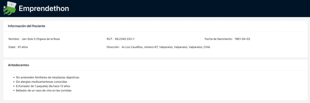 Vista final de la aplicación que muestra el resumen de paciente y sus antecedentes