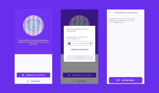 La pantalla de inactividad ahora incluye parte del correo y una opción para recuperar contraseña