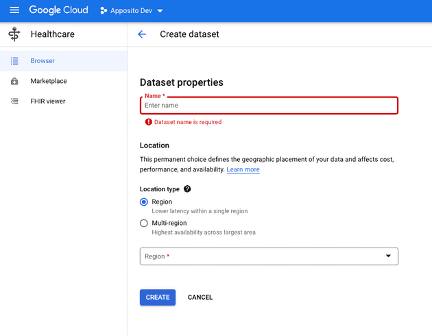 Interfaz de crear dataset te solicita un nombre y una región