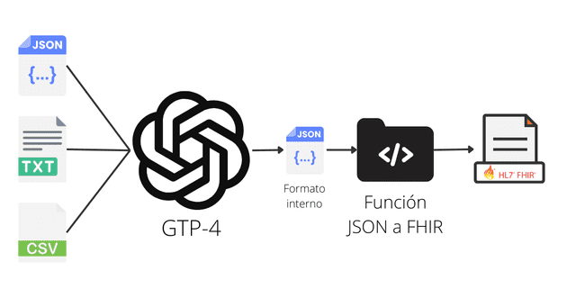 Input (csv, txt, json) -> LLM -> JSON -> FHIR
